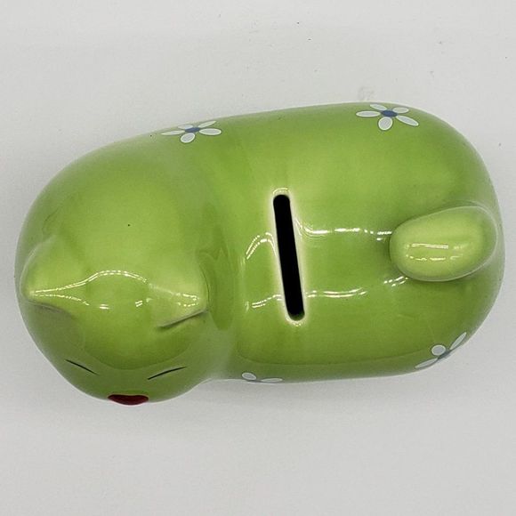 Lime Green Cat Shaped Applied White Blue Flowers Ceramic Piggy Bank with Stopper - Picture 12 of 13